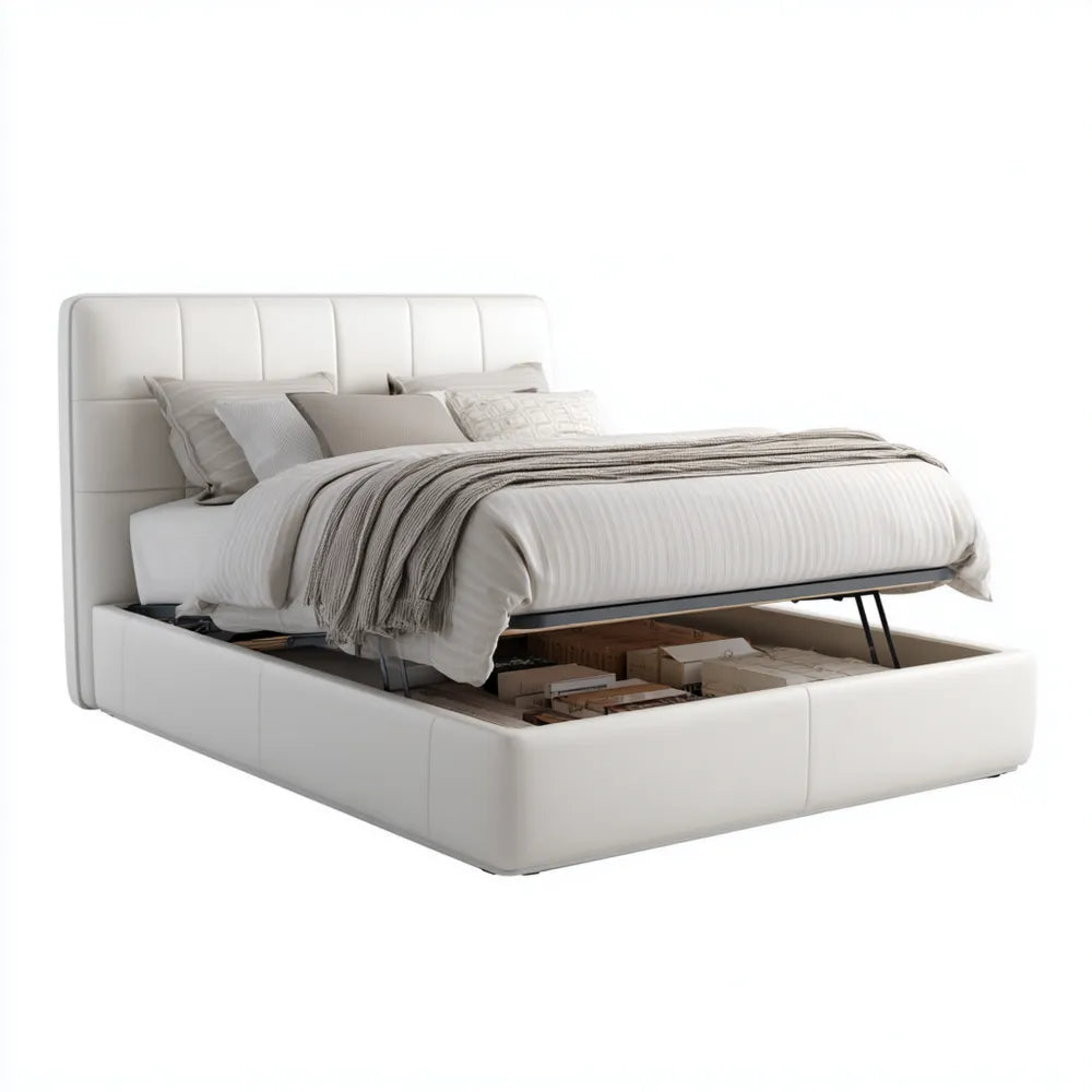 Modern Upholstered Leather Storage Bed 200x160x30 cm - White