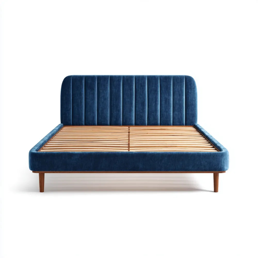 Velvet Upholstered Bed Frame 210x160x100 cm - Blue - Mid-Century Modern Style