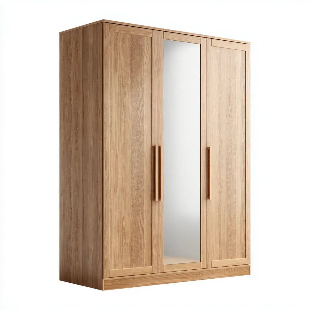 Wooden Wardrobe with Mirror - Oak Finish - 150x60x200 cm